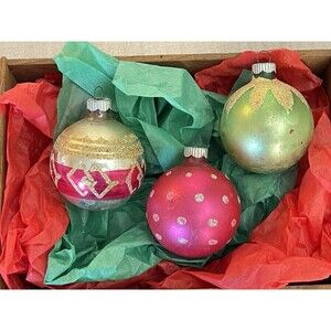 VTG Lot of 3 Shiny Brite Mercury Glass Ornaments Stenciled Glitter Polka Dot USA